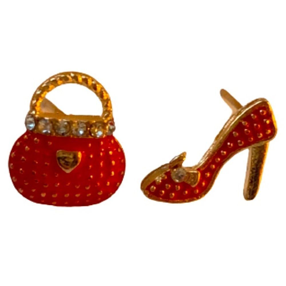Playful Mismatched Red Stiletto & Handbag Studs - Gold Tone Pavé Earrings